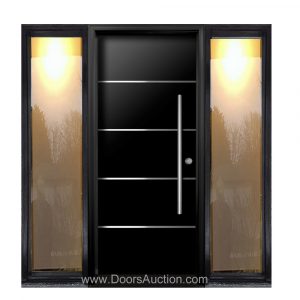 Modern single door with 2 sidelites and 4 steel bar