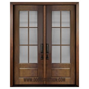 Fiberglass double door Mahogany Grain (FG-6L) Flush Glazed panel with 12 lites Brown