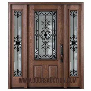 Oak Grain 3PA Fiberglass Single Door and 2 sidelites with port Stanly wrought iron glass