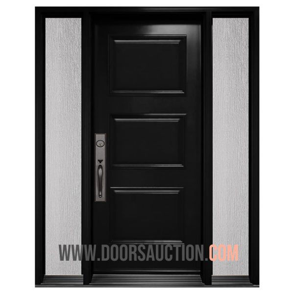 Steel 3 panels Single door with 2 sidelites Rain Glass Black Milton